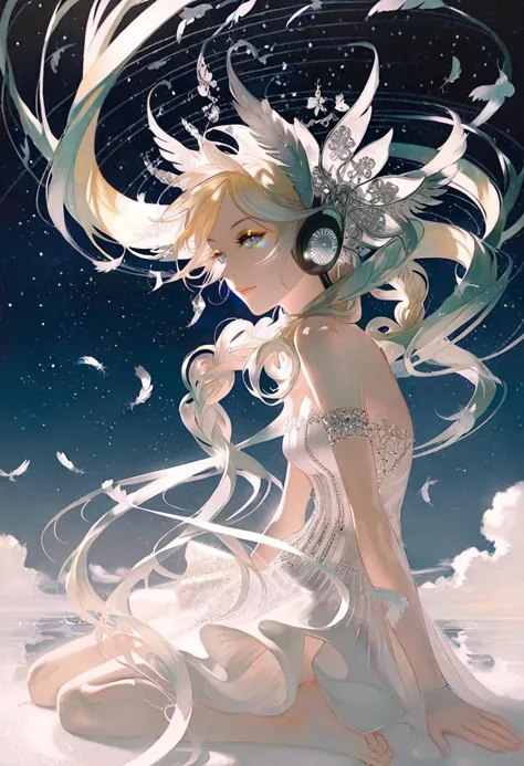 by rella, by Victo Ngai, break
1girl, detailed long hair, floating hair, wind effect, multicolored hair, transparent, reflective, beautiful and breathtaking hairstyle, (intricate detailed hair:1.4), low twin braids, pinterest hairstyles, hairstyle inspired by Donatella Versace and Kaws,  crazy alternate hairstyle, break
angel wing, barefoot, strapless, bare shoulders, white dress, headphone,
break
flying, clear blue sky, cloud, cloudy sky, star, star(sky), feathers, music, music is playing,
BREAK
clarity, hyper emotional,
BREAK
 (close up:1.5), looking away,
break
beautiful, aesthetic, detailed, beautiful color, 
break
amazing quality, best quality, high quality,