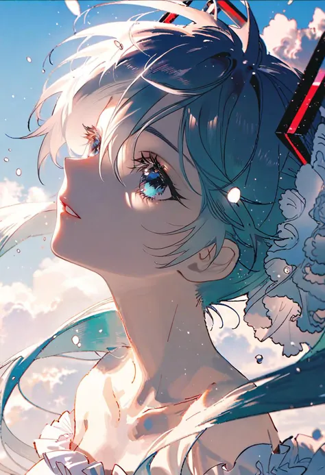 by rella, by David Cronenberg, break
watercolor,
break
hatsune_miku, solo, parted lips, detailed face, detailed eyes, detailed hair, wind effect, 
break
close up,
break
strapless, bare shoulders, collarbone, Off-the-shoulder wedding dress, inspired by Masaaki Yuasa,
break
Radiant,
break
(clear blue sky), 
break
 [3d:3d:0.6],
break
beautiful, aesthetic, detailed, beautiful color, amazing quality,