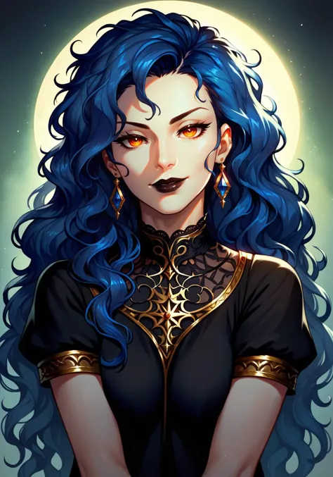 a woman with blue hair and a black top is standing in front of a full moon