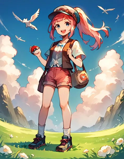 a girl with a backpack and a backpack standing in a field