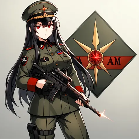 anime girl in uniform holding a rifle and a star