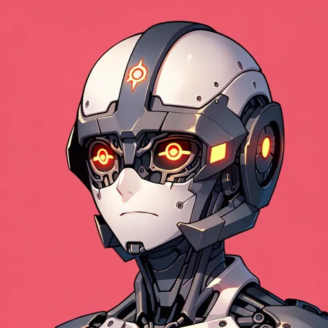 a close up of a robot with red eyes and a red background