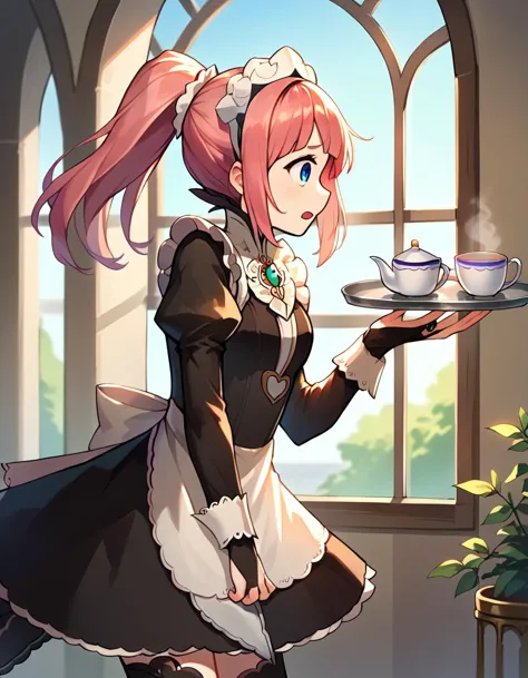 anime girl in maid outfit holding a tray with a cup of tea