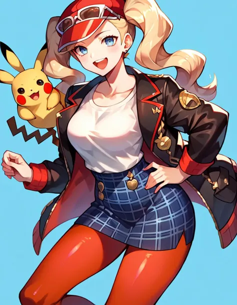 a woman in a short skirt and jacket holding a pokemon pikachu