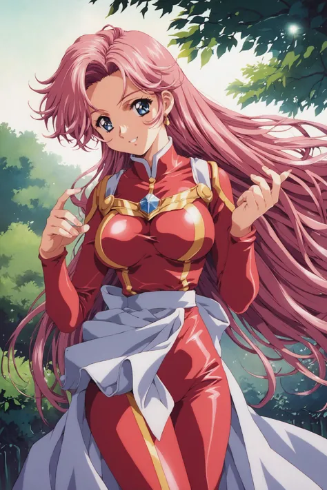 score_9,score_8_up,score_7_up,masterpiece,best quality,absurdres,
Euphemia Li Britannia,1girl,breasts,solo,pink hair,very long hair,dress,bodysuit,large breasts,wide hips,standing,out stance,smile,outdoors,day,perfect lighting,1990s \(style\),retro artstyle,
<lora:Koh Kawarajima_XL_PONY:0.8>,