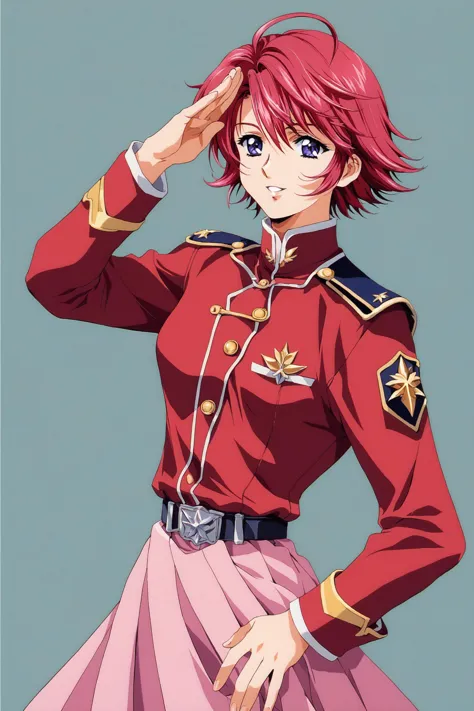 a woman in a uniform with a red hair and a pink skirt