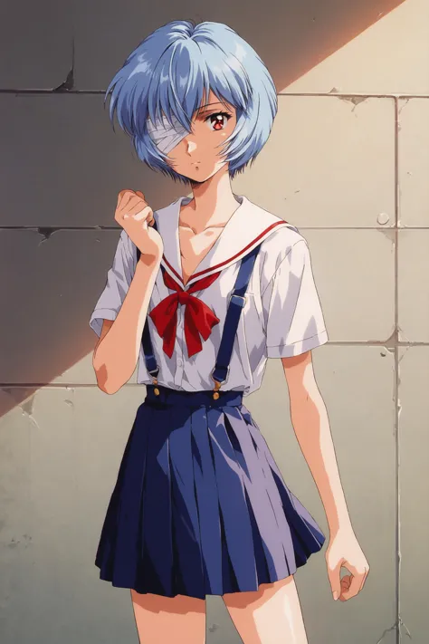 anime girl in a sailor outfit with blue hair and a red bow