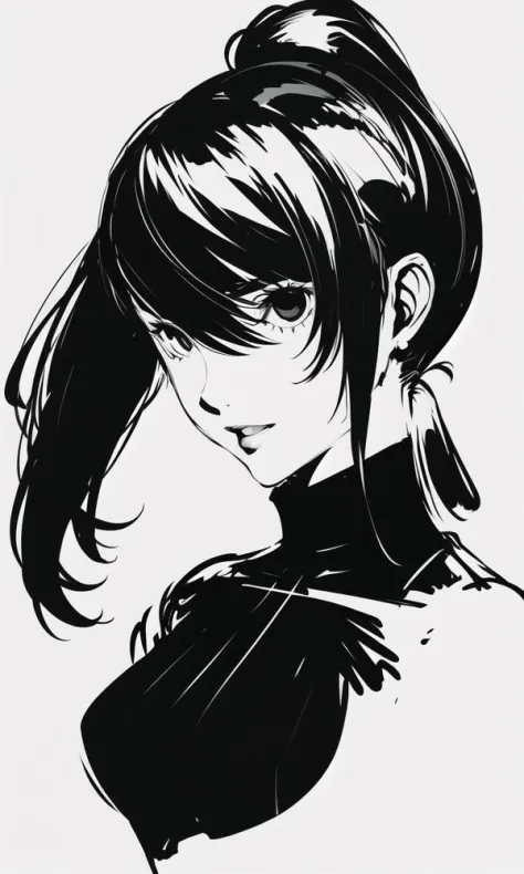 persona (/style/), monochrome, greyscale, sketch, portrait, high contrast, upper body, chest level, cropped, solo, 1girl, ponyta...