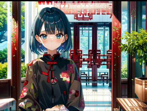 anime,1girl,  classical resort hotel midnight,  blue hair, very short hair, straight hair, ringlets hair,  bangs,  chinese student training wear ribbon loafers,