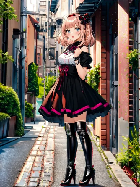anime,1girl,  classical alley evening,  pink hair, very short hair,   center parted bangs bangs,  latex gothic dress handcuffs high heel boots,