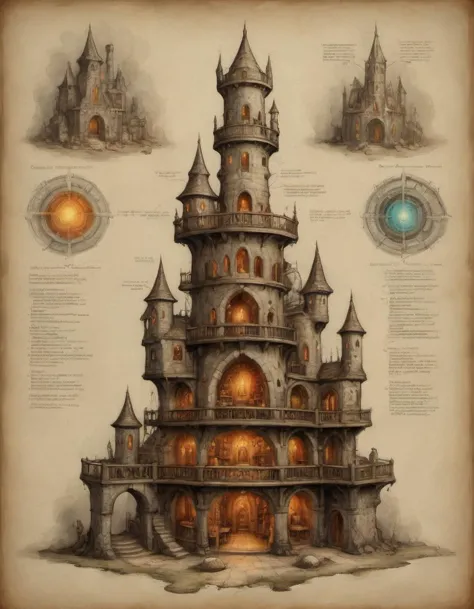 cross-section schematic diagram of a tall wizard's tower of many floors library and apothecary and living space and spells space...