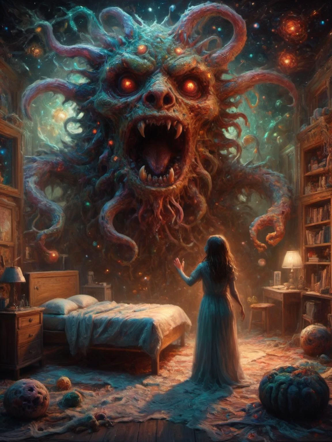 El3ctr0nStyle,  eine epische Szene aus einem Albtraum, in der ein Monster ein Mädchen in ihrem Zimmer erschreckt, Nacht mit Sternen, umgeben von Bakterien und Viren, kosmische Kunst, Bunt, leuchtender Hintergrund, Meisterwerk, Extrem detailliert, chaos, symmetric