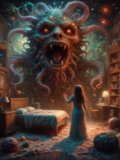 El3ctr0nStyle,  eine epische Szene aus einem Albtraum, in der ein Monster ein Mädchen in ihrem Zimmer erschreckt, Nacht mit Sternen, umgeben von Bakterien und Viren, kosmische Kunst, bunt, leuchtender Hintergrund, Meisterwerk, Extrem detailliert, chaos, symmetric