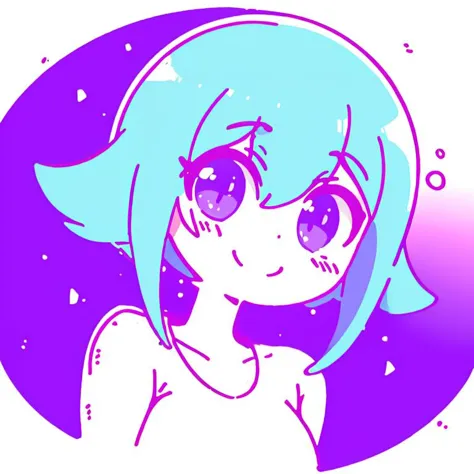 a cartoon girl with blue hair and big eyes in a purple circle