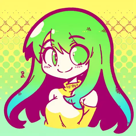 anime girl, upper body,  smiling, happy, jbstyle,  halftone shading,  yellow and green, digital illustration, smooth shading, smooth gradient