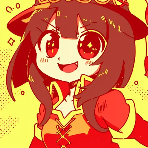 Menina anime, megumin, tronco,  sorridente, feliz, jbstyle,  sombreamento de meio-tom,  vermelho e amarelo, Ilustração digital, Sombreamento suave, Gradiente suave