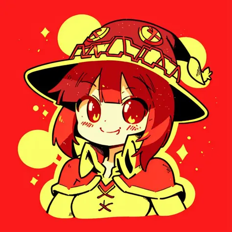 <lora:Diives_Style:0.7>, anime girl, megumin, upper body,  smiling, happy, <lora:jbs2:0.9>,  jbstyle,  halftone shading,  red an...