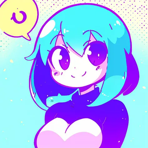 a cartoon girl with blue hair and a heart in her hands