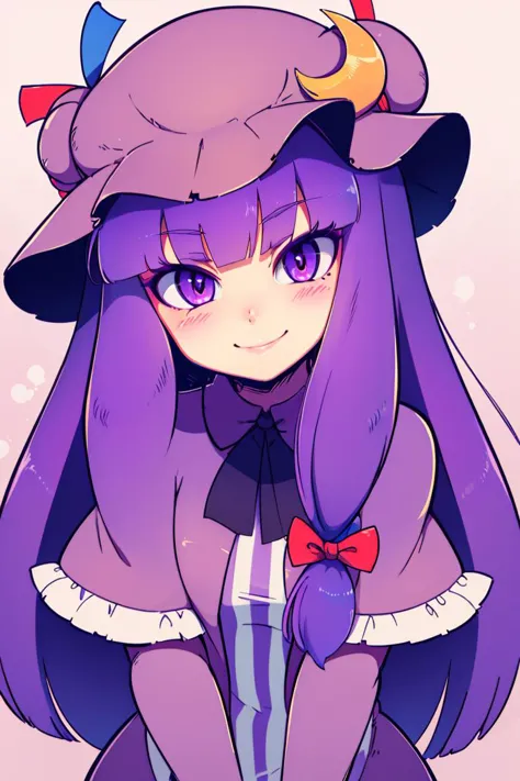 ((best quality)),
1girl, (purple hair, purple eyes:1), long hair, mob cap,crescent hat ornament, ribbon,dress, <lora:patchouli:1...