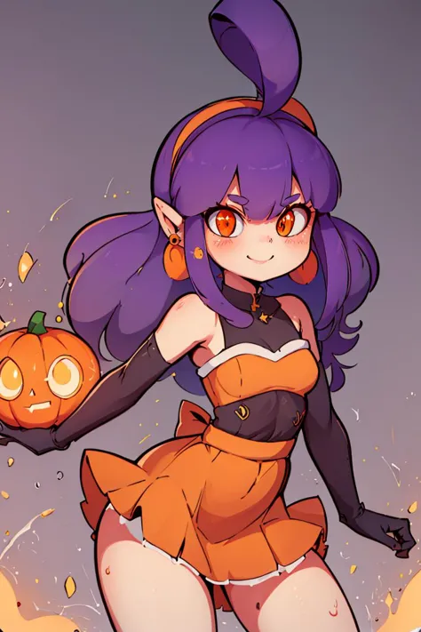 a cartoon image of a woman in a short dress holding a pumpkin