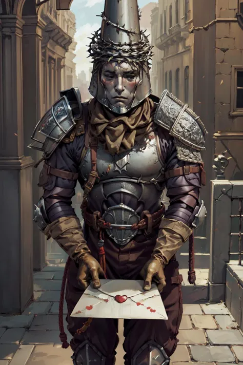 a close up of a person in armor holding a piece of paper