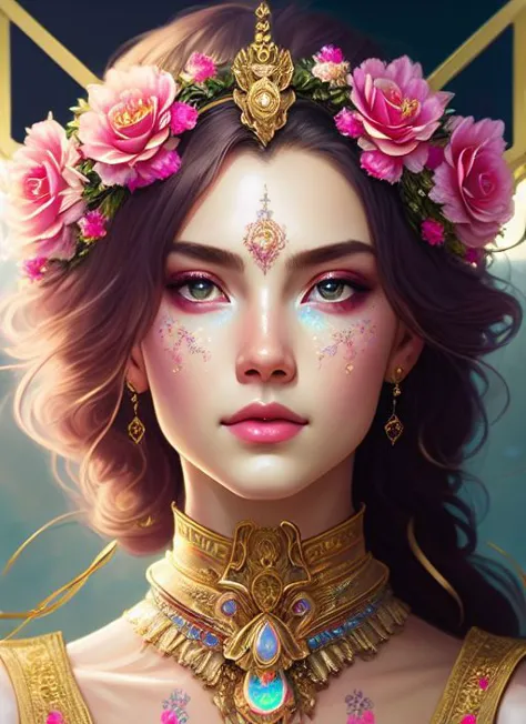 (samdoesart:1.1) (dreamlikeart:1)  kuvshinov (symmetry:1.1) (portrait of floral:1.05) a woman as a beautiful goddess, (assassins creed style:0.8), pink and gold and opal color scheme, beautiful intricate filegrid facepaint, intricate, elegant, highly detailed, digital painting, artstation, concept art, smooth, sharp focus, illustration, art by greg rutkowski and alphonse mucha, 8k