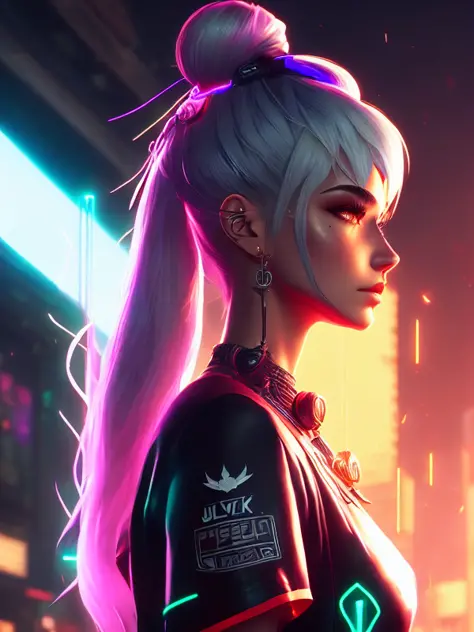 (extremely detailed CG unity 8k wallpaper),(masterpiece), (best quality), (realistic), cyberpunk, white hair, ponytail, darkness...