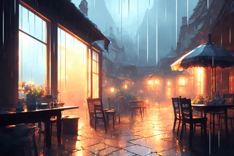 tavern in the rain by Kuvshinov, samdoesart, dreamlikeart, Style-Glass, Style-Glass