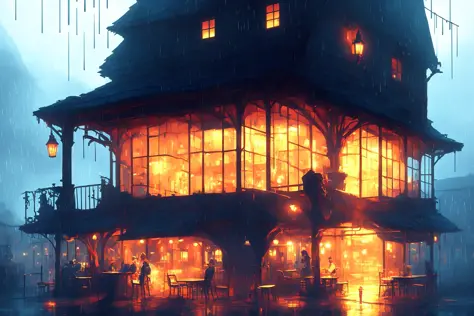 tavern in the rain by Kuvshinov, samdoesart, dreamlikeart, Style-Glass, Style-Glass