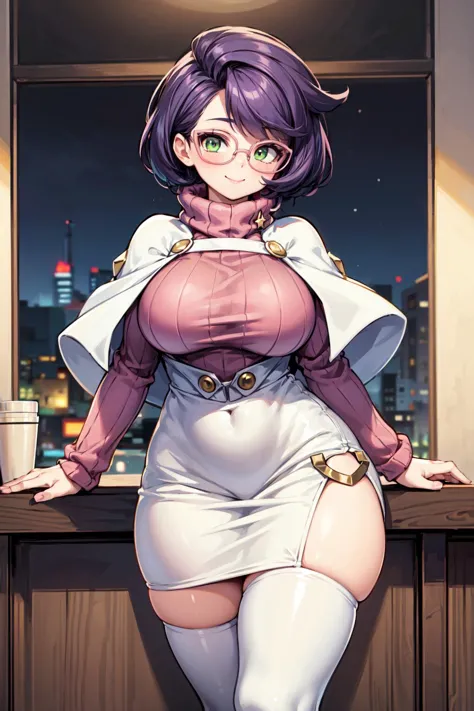 masterpiece,best quality,1girl,mature female,large breasts,wide hips,thick thighs,mommy wicke,purple hair,green eyes,glasses,pin...