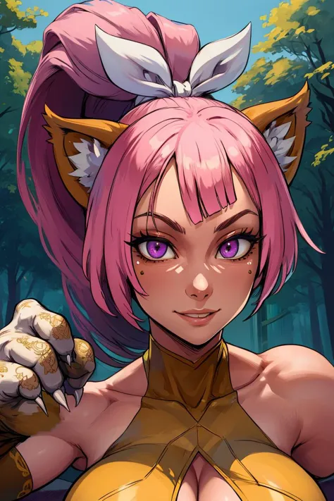 Felynn,yellow  eyes,cute,smiling,pink hair,ponytail,white hair ribbon,
claws,cat hands,toned,navel,bare shoulders,
toned,
mornin...