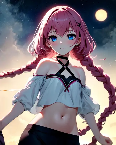 e7 Tenebria, pink hair, two long thin braids, lender body, thin, cheeky face, small breasts,blue eyes, black pants, white short blouse, showing belly, flat abdomen,
starry night, under the moon, holding an orb of light,
(masterpiece),  best quality, highres, 4k, 8k, Detailed Illustration, intricate detail, cinematic lighting, amazing quality, 1girl, fit female, amazing shading, soft lighting, facing camera, perfect eyes