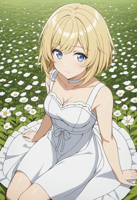 a woman in a white dress sitting in a field of flowers