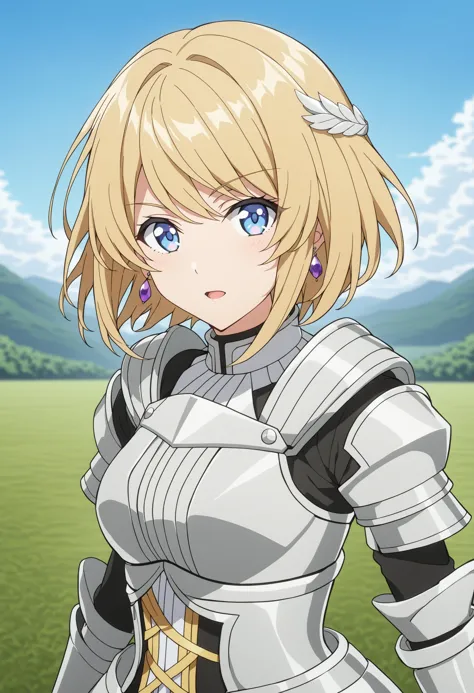 a woman in armor standing in a field with mountains in the background