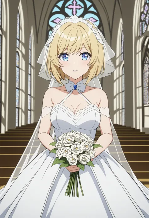 sysdeep_jeanne, 1girl, solo, breasts, short_hair, blue_eyes, blonde_hair, medium_breasts, jeanne_ornament, church, wedding_dress, holding_flowers, anime_coloring, <lora:Jeanne D Arc - [Compass] - SDXL Version 1:1>