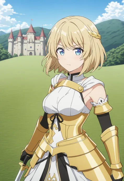 a woman in a white dress holding a sword in front of a castle