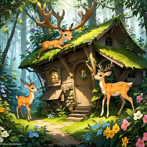 a painting of a small house with deers in the woods