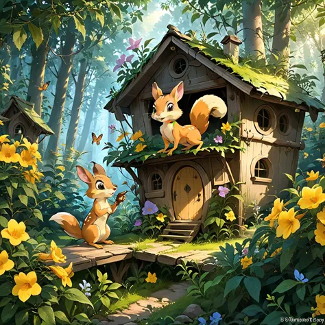 a close up of two animals near a small house in the woods