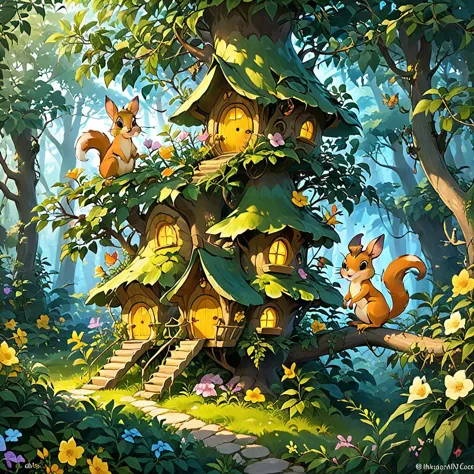 a painting of a tree house with squirrels in the woods