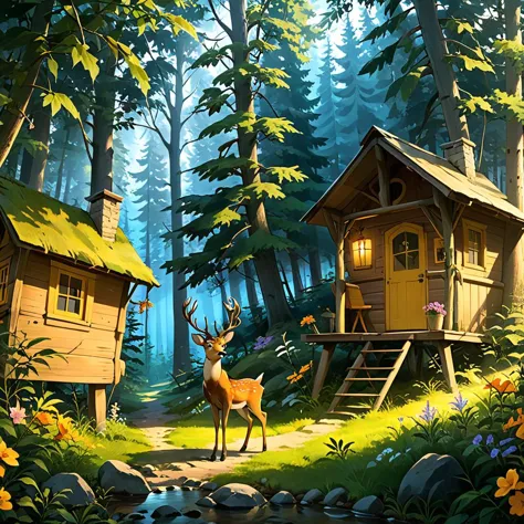 a painting of a deer standing in front of a cabin in the woods