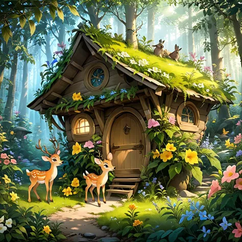 a painting of a small house with a green roof and two deers