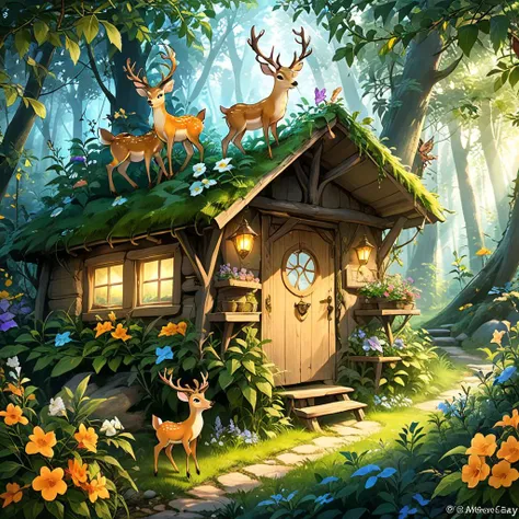 a painting of a small cabin with deers and flowers in the woods