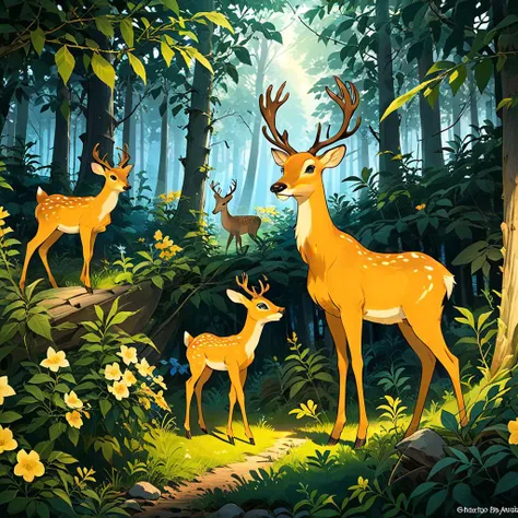 a group of deers in the woods with flowers and trees