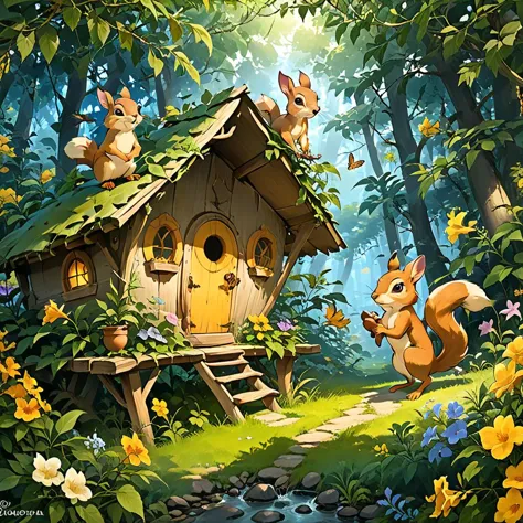 a painting of a small house with a little squirrel and other animals