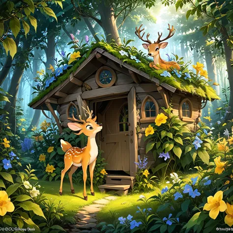 a close up of a small house with a deer in the woods