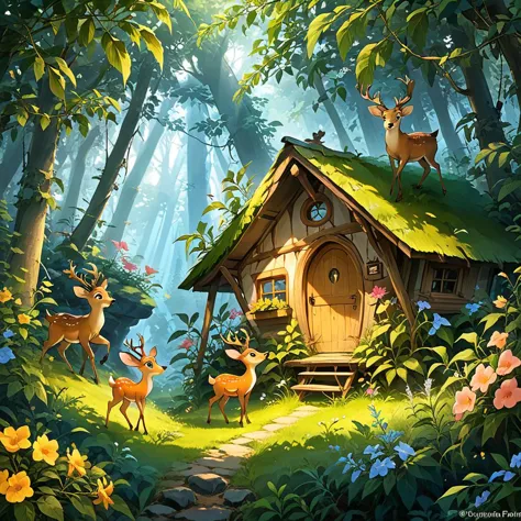 a painting of a small cabin in the woods with deers