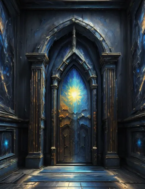 a painting of a doorway in a building with a sun shining through it