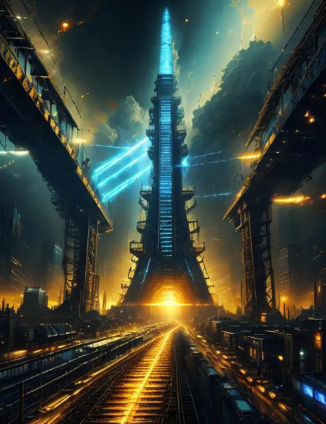 a futuristic city with a train track and a tall tower