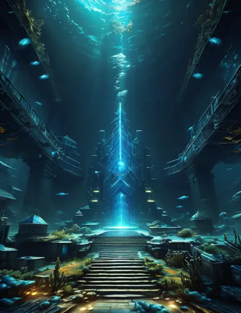 a large underwater scene with stairs leading to a large building