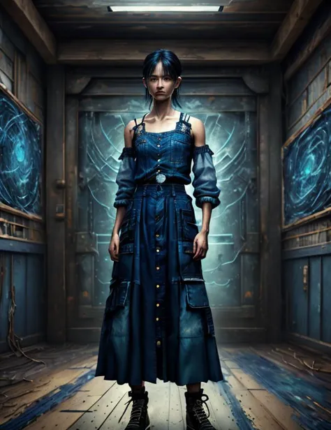 a woman in a blue dress standing in a room with a clock